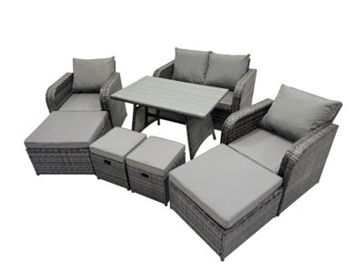 Fimous 8 Seater Garden Outdoor Rattan Furniture Set Rattan Sofa Oblong Dining Table With 2 Big Stools Dark Grey - image 1
