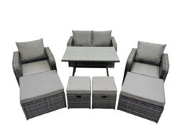 Fimous 8 Seater Garden Outdoor Rattan Furniture Set Rattan Sofa Oblong Dining Table With 2 Big Stools Dark Grey - thumbnail 2