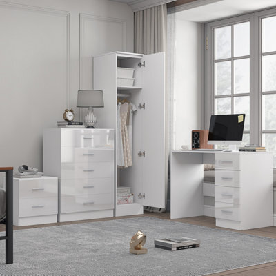 Reflect 1 Door Plain Wardrobe, 5 Drawer Chest, 2 Drawer Bedside & Desk - White Gloss & Matt White - Bedroom Furniture Set - image 1