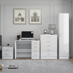Reflect 1 Door Plain Wardrobe, 5 Drawer Chest, 2 Drawer Bedside & Desk - White Gloss & Matt White - Bedroom Furniture Set - thumbnail 3