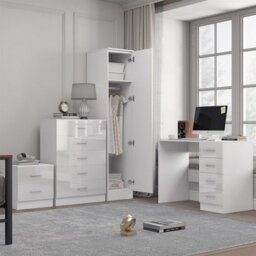 Reflect 1 Door Plain Wardrobe, 5 Drawer Chest, 2 Drawer Bedside & Desk - White Gloss & Matt White - Bedroom Furniture Set - thumbnail 2