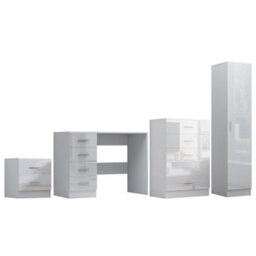 Reflect 1 Door Plain Wardrobe, 5 Drawer Chest, 2 Drawer Bedside & Desk - White Gloss & Matt White - Bedroom Furniture Set - thumbnail 7