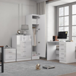 Reflect 1 Door Plain Wardrobe, 5 Drawer Chest, 2 Drawer Bedside & Desk - White Gloss & Matt White - Bedroom Furniture Set