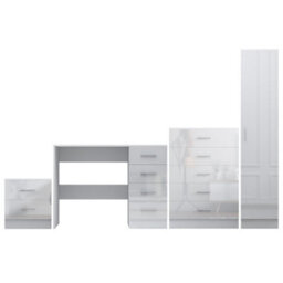 Reflect 1 Door Plain Wardrobe, 5 Drawer Chest, 2 Drawer Bedside & Desk - White Gloss & Matt White - Bedroom Furniture Set - thumbnail 5