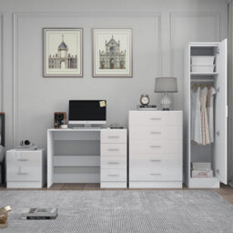 Reflect 1 Door Plain Wardrobe, 5 Drawer Chest, 2 Drawer Bedside & Desk - White Gloss & Matt White - Bedroom Furniture Set - thumbnail 4
