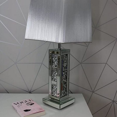 Biznest Large Sparkly Crushed Diamond Blocks Style Table Lamp Corner Mirrored Crystal Tall Silver Shade Glitz