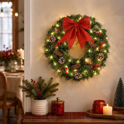 Amorly Led Lighted Christmas Wreath 40Cm, Artificial Pine Wreath With Red Bowknot, Berries Pinecones, Festive Wreath For Front Door - image 1