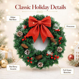Amorly Led Lighted Christmas Wreath 40Cm, Artificial Pine Wreath With Red Bowknot, Berries Pinecones, Festive Wreath For Front Door - thumbnail 3