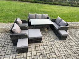 Fimous Dark Grey Pe Wicker Rattan Garden Furniture Set Reclining Chair 2 Seater Sofa Set Outdoor Dining Table Footstools - thumbnail 2
