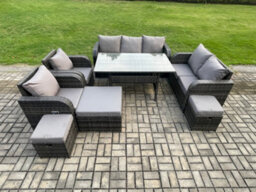 Fimous Dark Grey Pe Wicker Rattan Garden Furniture Set Reclining Chair 2 Seater Sofa Set Outdoor Dining Table Footstools - thumbnail 1