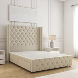 Bsspoke Mayfair Divan Bed In Cream Plush Velvet With 54Inch Headboard & Footboard & No Mattress No Drawers In All Sizes