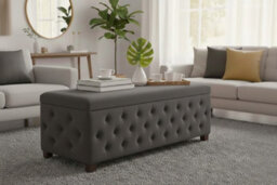 180Cm Wide Empire Ottoman Storage Box With Legs, Steel Grey Velvet Chesterfield Upholstered Ottoman Footstool Coffee Table