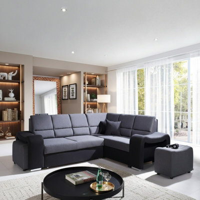 Wakiki Upholstered Corner Sofa Bed With Two Ottomans Left Or Right Storage Dolphin Mechanism 260X96X190Cm Black And Blue Right - image 1