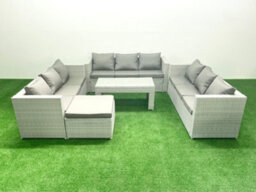 Fimous Rattan Garden Outdoor Furniture Set 10 Seater Garden Sofa Oblong Coffee Table Set Big Stool Light Grey - thumbnail 2