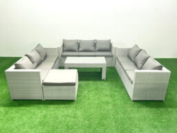 Fimous Rattan Garden Outdoor Furniture Set 10 Seater Garden Sofa Oblong Coffee Table Set Big Stool Light Grey - thumbnail 1