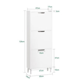 Sobuy Fsr151-H-W, Narrow Shoe Rack With 3 Flip Drawers Slim Wooden Shoe Storage Cupboard,white,w50.5Xd19Xh129 - thumbnail 3