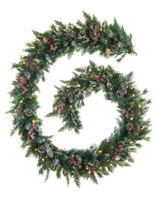 Werchristmas Pre-Lit Snow-Flocked Mixed-Tip Artificial Christmas Garland 9 Ft With Pinecones And Berries, 80 Warm White Leds - image 1