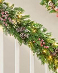 Werchristmas Pre-Lit Snow-Flocked Mixed-Tip Artificial Christmas Garland 9 Ft With Pinecones And Berries, 80 Warm White Leds - thumbnail 2