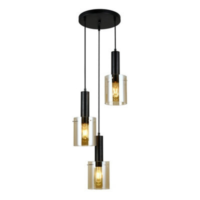 Luminosa Lighting Luminosa Modern Hanging Pendant Black 3 Light  With Amber Shade, E27