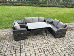 Fimous 6 Piece Rattan Garden Furniture Set With Patio Sofa Rectangular Dining Table 2 Side Table Indoor Conservatory Patio Set - thumbnail 2