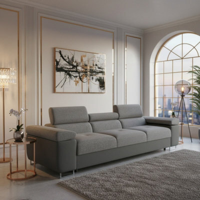 Torezio 3 Seater Sofa Bed With Adjustable Headrests And Dolphin Pull Out Mechanism Grey And Grey Melange - image 1