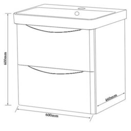 Clifton Bathroom Wall Mounted 2-Drawer Vanity Unit With Basin 600mm Wide - Gloss White - (Arch) - Brassware Not Included - thumbnail 3