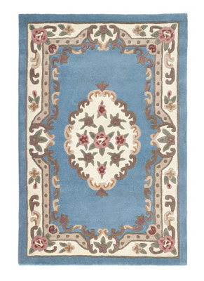 Blue Traditional Wool Rug, Floral Rug With 25mm Thickness, Blue Handmade Rug For Bedroom, & Living Room-67Cm X 127Cm (Halfmoon) - image 1