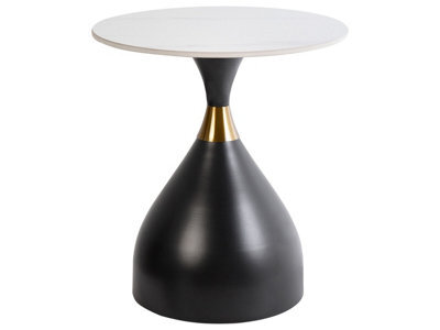 Wyld And Coco Natural Look Side Table - 50Cm Round White Sintered Stone Top, Black Metal Base With Gold Accent - image 1