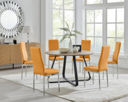Furniturebox Uk Santorini Brown Wood Effect Round Dining Table & 6 Mustard Milan Chrome Leg Chairs