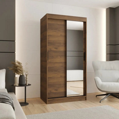 Arte Rubino T2 Sliding Door Wardrobe 100Cm Oak Walnut With One Mirrored Door - image 1