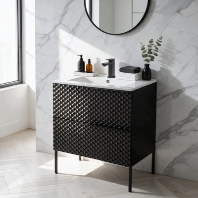 Bathroom City Elvia 600mm Black Bathroom Vanity Unit & Basin Set - Diamond Front, Floor Standing Or Wall Hung - Black Handle - image 1