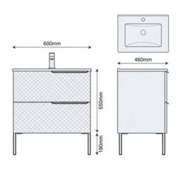 Bathroom City Elvia 600mm Black Bathroom Vanity Unit & Basin Set - Diamond Front, Floor Standing Or Wall Hung - Black Handle - thumbnail 6
