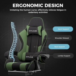 Gtplayer Fabric Gaming Chair With Footrest, Massage Ergonomic Computer Chairs Height Adjustable Heavy Duty Pc Chair, Green - thumbnail 7