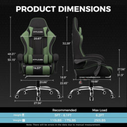 Gtplayer Fabric Gaming Chair With Footrest, Massage Ergonomic Computer Chairs Height Adjustable Heavy Duty Pc Chair, Green - thumbnail 3