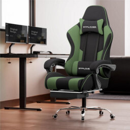 Gtplayer Fabric Gaming Chair With Footrest, Massage Ergonomic Computer Chairs Height Adjustable Heavy Duty Pc Chair, Green - thumbnail 2