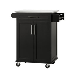 Sobuy Fkw110-Sch, Kitchen Cabinet Kitchen Storage Trolley Cart With Stainless Steel Worktop, Black,w78Xd46Xh90