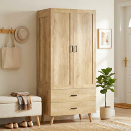 Homcom Wardrobe With 2 Drawers Hanging Rail, 180 Cm Storage Closet, Natural - thumbnail 9
