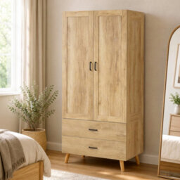 Homcom Wardrobe With 2 Drawers Hanging Rail, 180 Cm Storage Closet, Natural - thumbnail 1