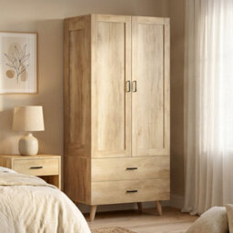 Homcom Wardrobe With 2 Drawers Hanging Rail, 180 Cm Storage Closet, Natural - thumbnail 2