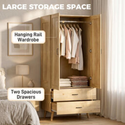 Homcom Wardrobe With 2 Drawers Hanging Rail, 180 Cm Storage Closet, Natural - thumbnail 5