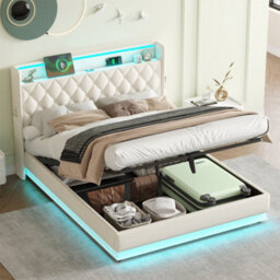 Btm King Upholstered Bed Frame With Hydraulic Storage Linen Ottoman Led Charging Tufted Headboard Usb Beige - thumbnail 4