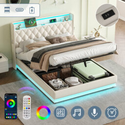 Btm King Upholstered Bed Frame With Hydraulic Storage Linen Ottoman Led Charging Tufted Headboard Usb Beige - thumbnail 3