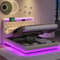 Btm King Upholstered Bed Frame With Hydraulic Storage Linen Ottoman Led Charging Tufted Headboard Usb Beige - thumbnail 1