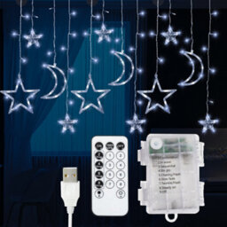 Globrite Christmas Curtain String Lights 138 Led Cool White - Star & Moon Shapes Usb Battery Powered 8 Modes With Remote - thumbnail 1