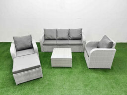 Fimous Pe Rattan Garden Furniture Set Reclining Chair Sofa Lounge Sofa Set Square Coffee Table Big Footstool Light Grey - thumbnail 2