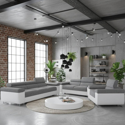 Torezio 3 2 1 Living Room Sofa Set Chipboard Frame Hr Foam Wave Springs Fixed Backs Adjustable Headrests White And Grey Melange - image 1