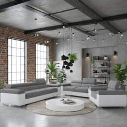 Torezio 3 2 1 Living Room Sofa Set Chipboard Frame Hr Foam Wave Springs Fixed Backs Adjustable Headrests White And Grey Melange - thumbnail 1