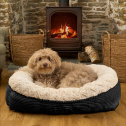 OHS Faux Fur Dog Bed Washable Plush Soft Fleece Ribbed Pet Basket Cushion Warm Cosy