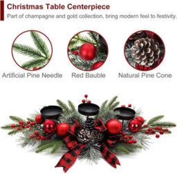 Taylor & Brown Classic Red Christmas Table Candle Holder, Rich Red Berries & Rustic Plaid Centerpiece, Elegant Dinning Table Decor - thumbnail 5