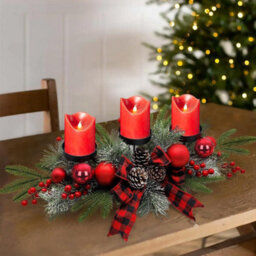 Taylor & Brown Classic Red Christmas Table Candle Holder, Rich Red Berries & Rustic Plaid Centerpiece, Elegant Dinning Table Decor - thumbnail 4